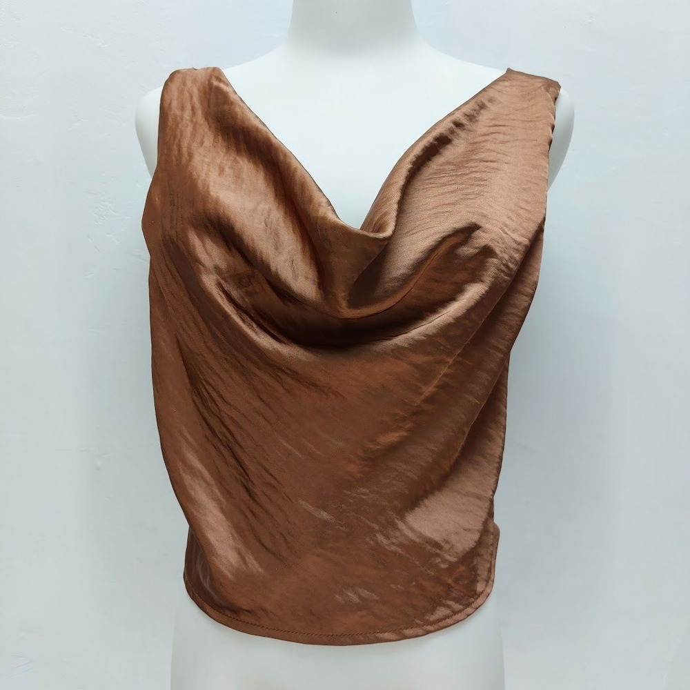 Zara Cowl Neck Top Women's S Brown Satin Sleeveless Blouse Night Out Party